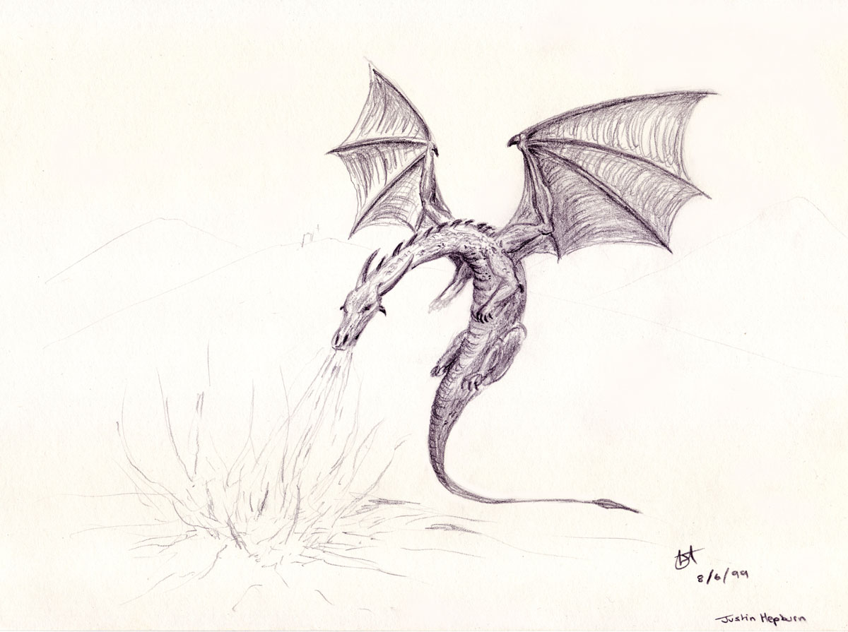Drawing of a dragon breathing fire