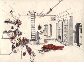 Colour drawing of a battle scarred room in a spaceship