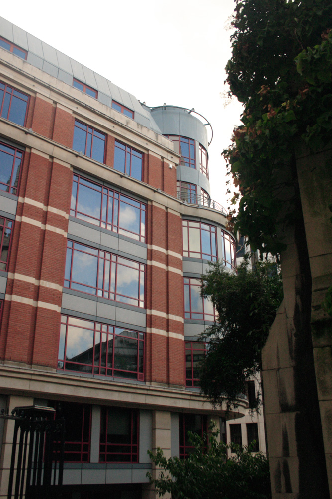 City office building from St Dunstans in the East city park.