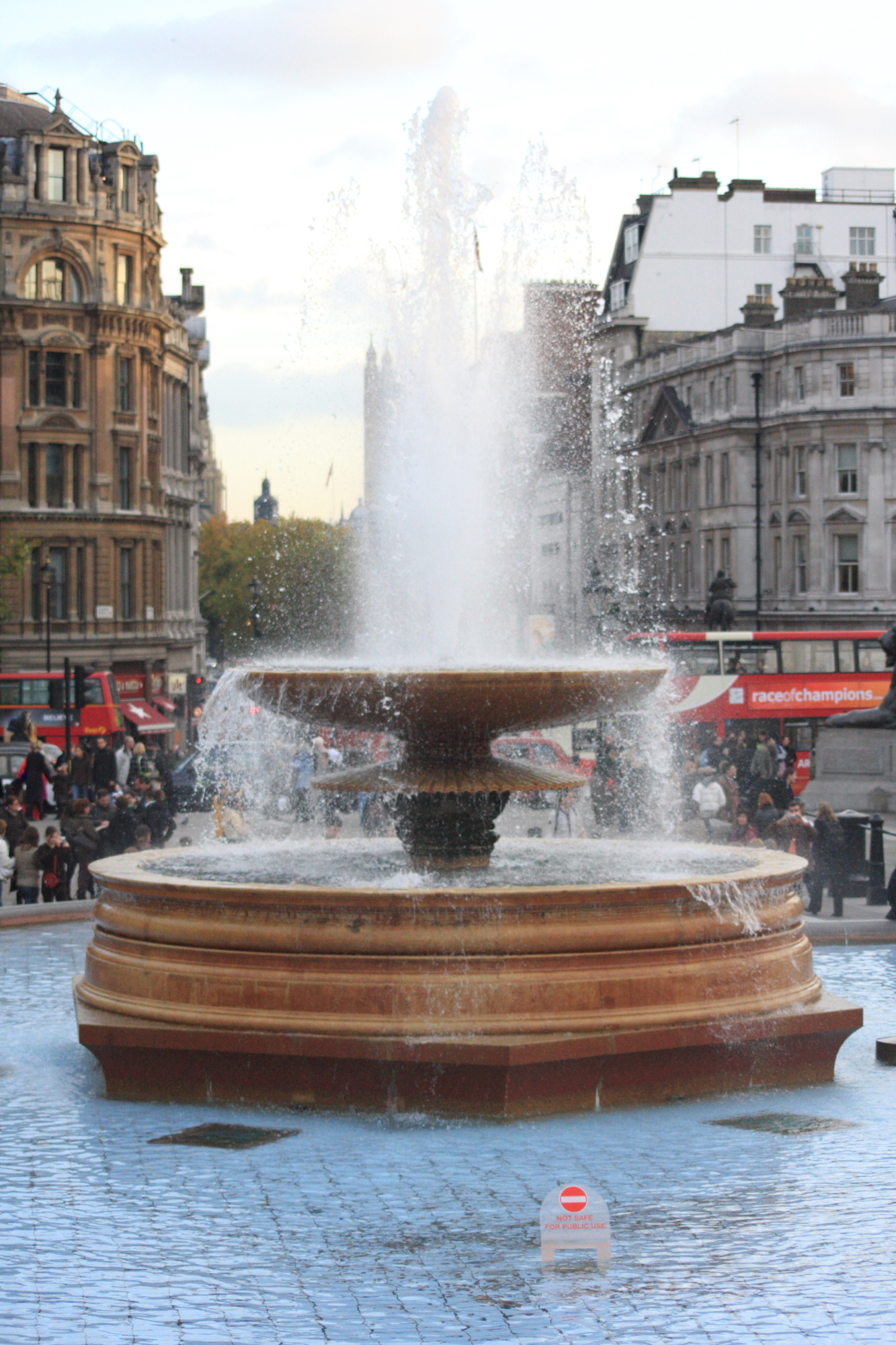 Fountain in Trafalgar Square looking down towards Whitehall.