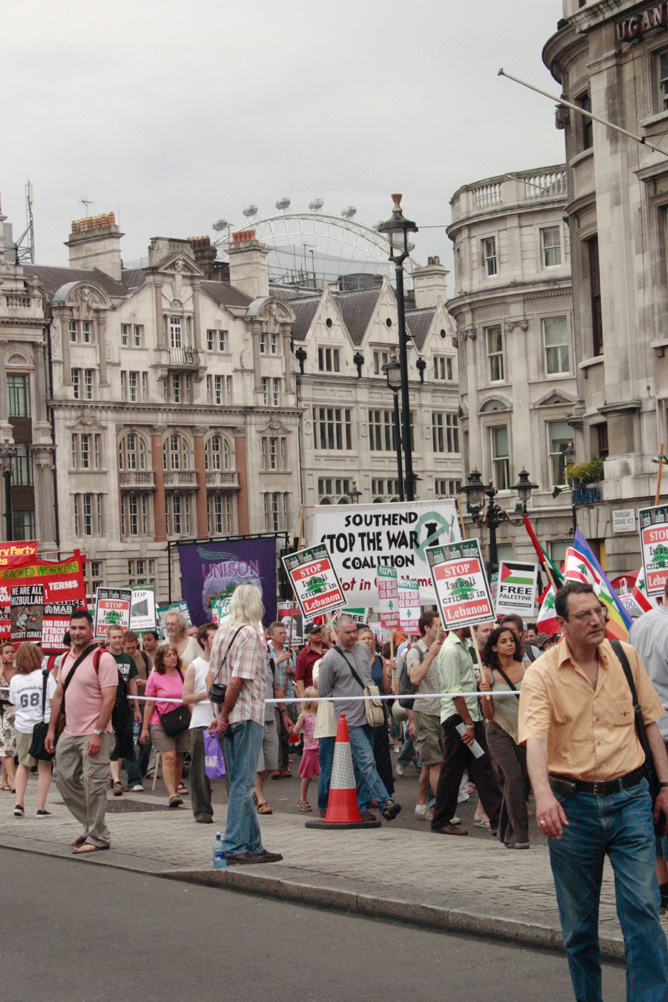 Anti war demonstration in Trafalgar Square protesting against the Israeli invasion of Lebanon - taken on 22nd July 2006.