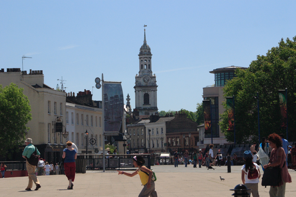 Public Square in Greenwich next to the Cutty Sark clipper. St Alfege church is in the background