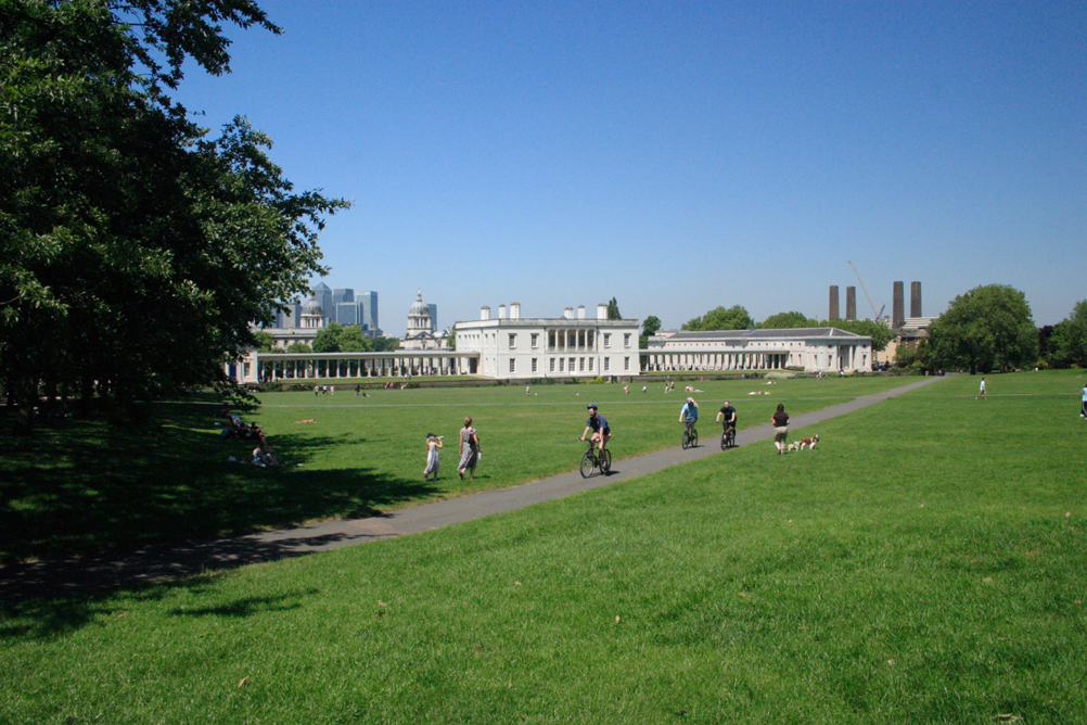 Greenwich Park looking towards Queen Annes House and Canary Wharf
