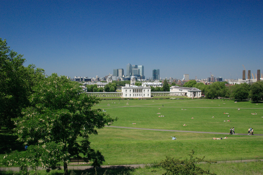 Greenwich Park with a view of Canary Wharf and Queen Annes House.